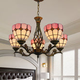 Tiffany Style Stained Glass Chandelier - 5 Light Pink Pendant - This product is a ceiling light fixture measuring 23 inches wide and 27.5 inches tall. It is made of stained glass in a Tiffany style with a pink colo